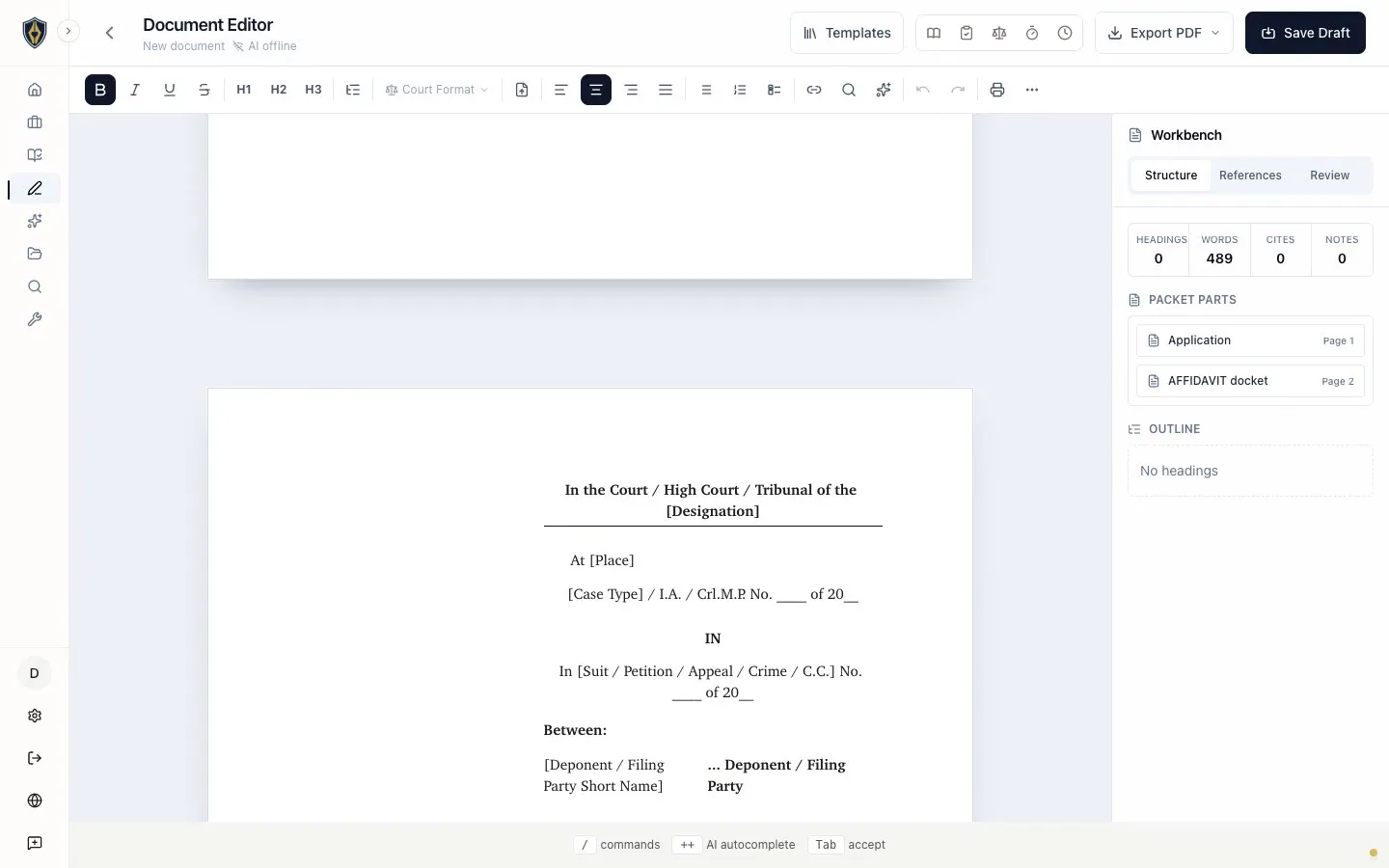 LawByHeart matter workspace carrying an affidavit into the editor